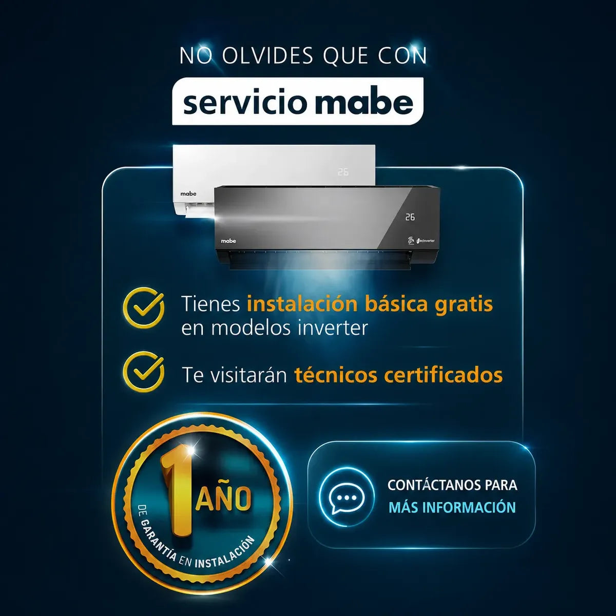 Aire Acondicionado Mabe Inverter Solo Frío 115 V 1 Tonelada (12,000 BTU) Blanco - MMI12CABWCA32M2 Instalacion basica gratis