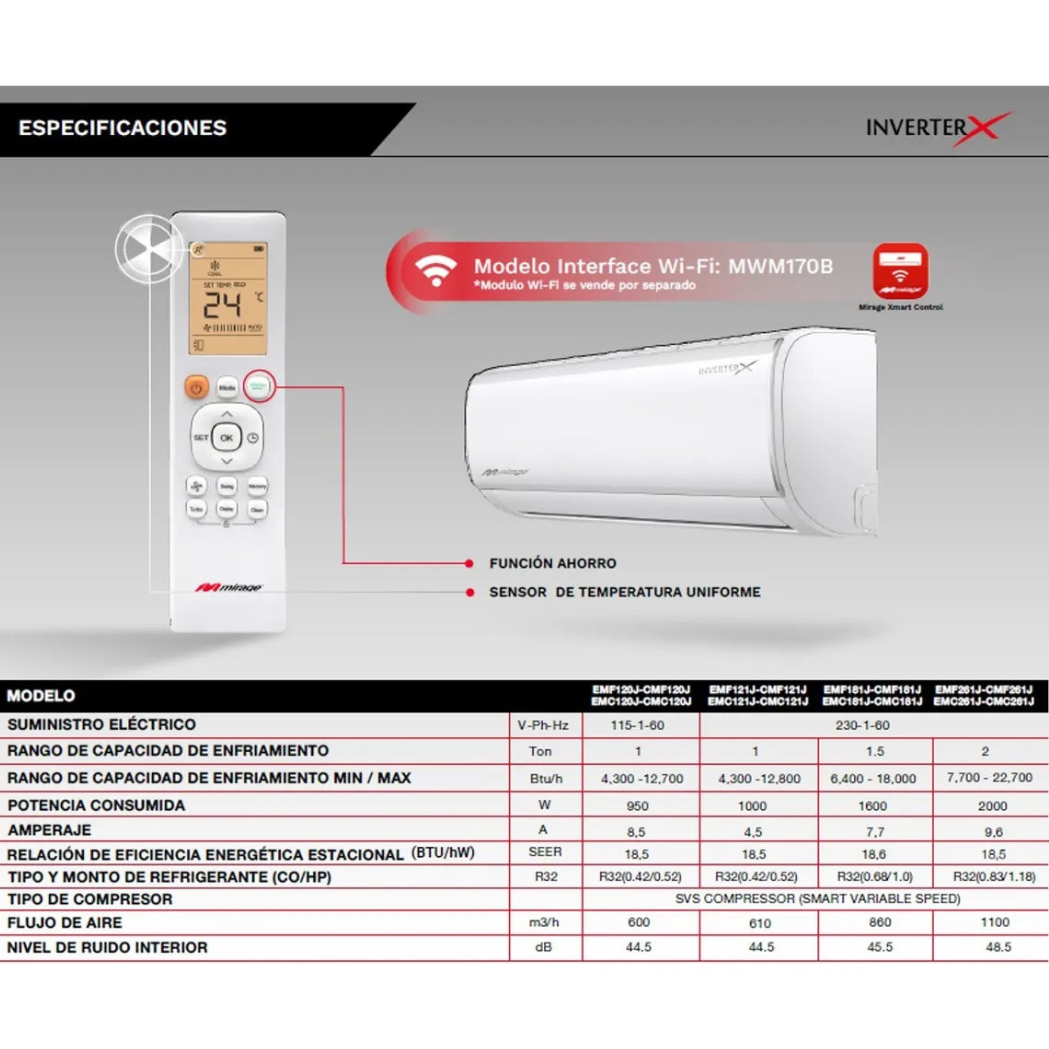 Aire Acondicionado Frio – Calor Mirage Inverter X CMC120J - 12000 BTU BLANCO 110V
