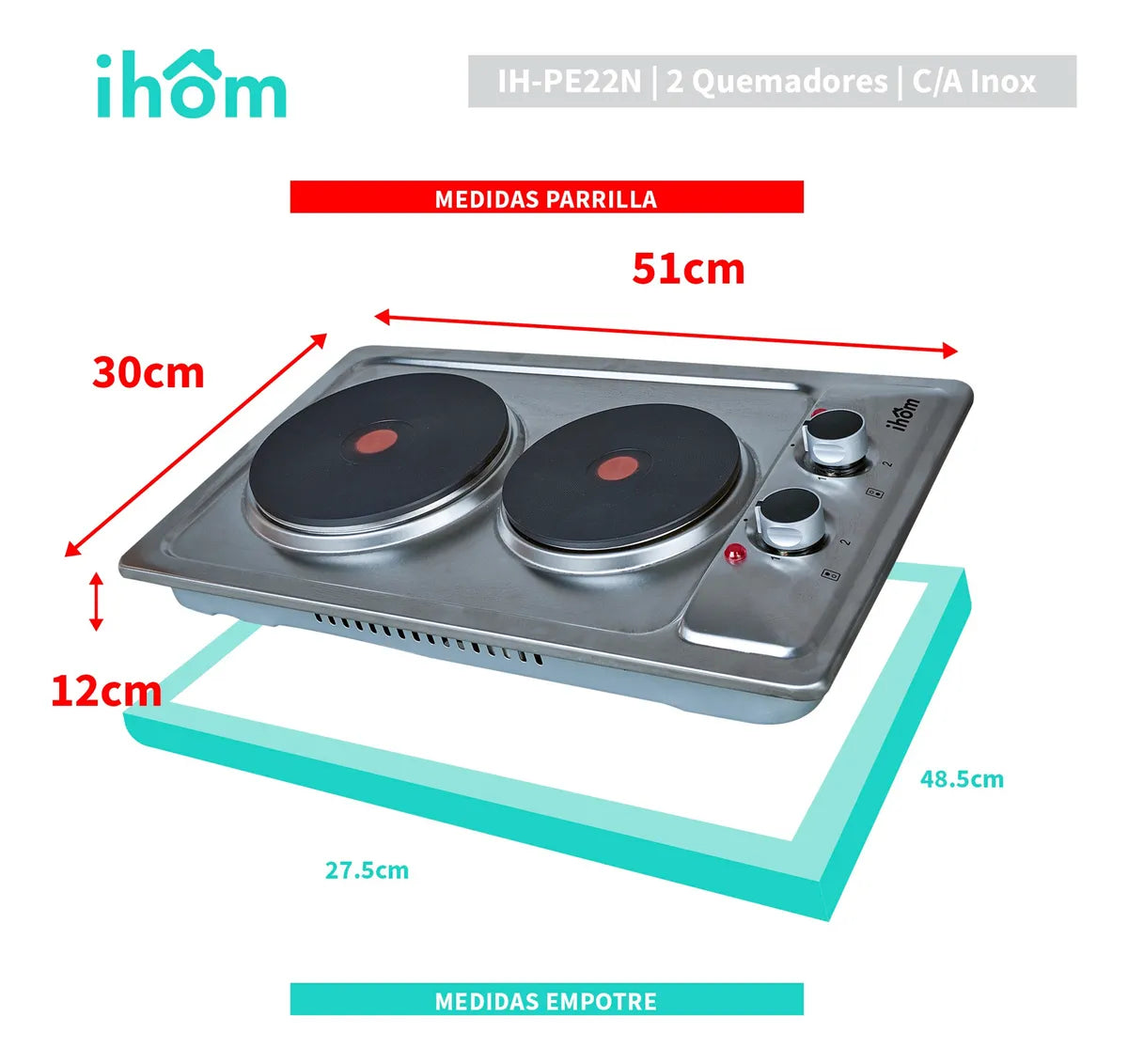 Parrilla Eléctrica 2 Quemadores Ihom, Acero Inoxidable Plata Plateado