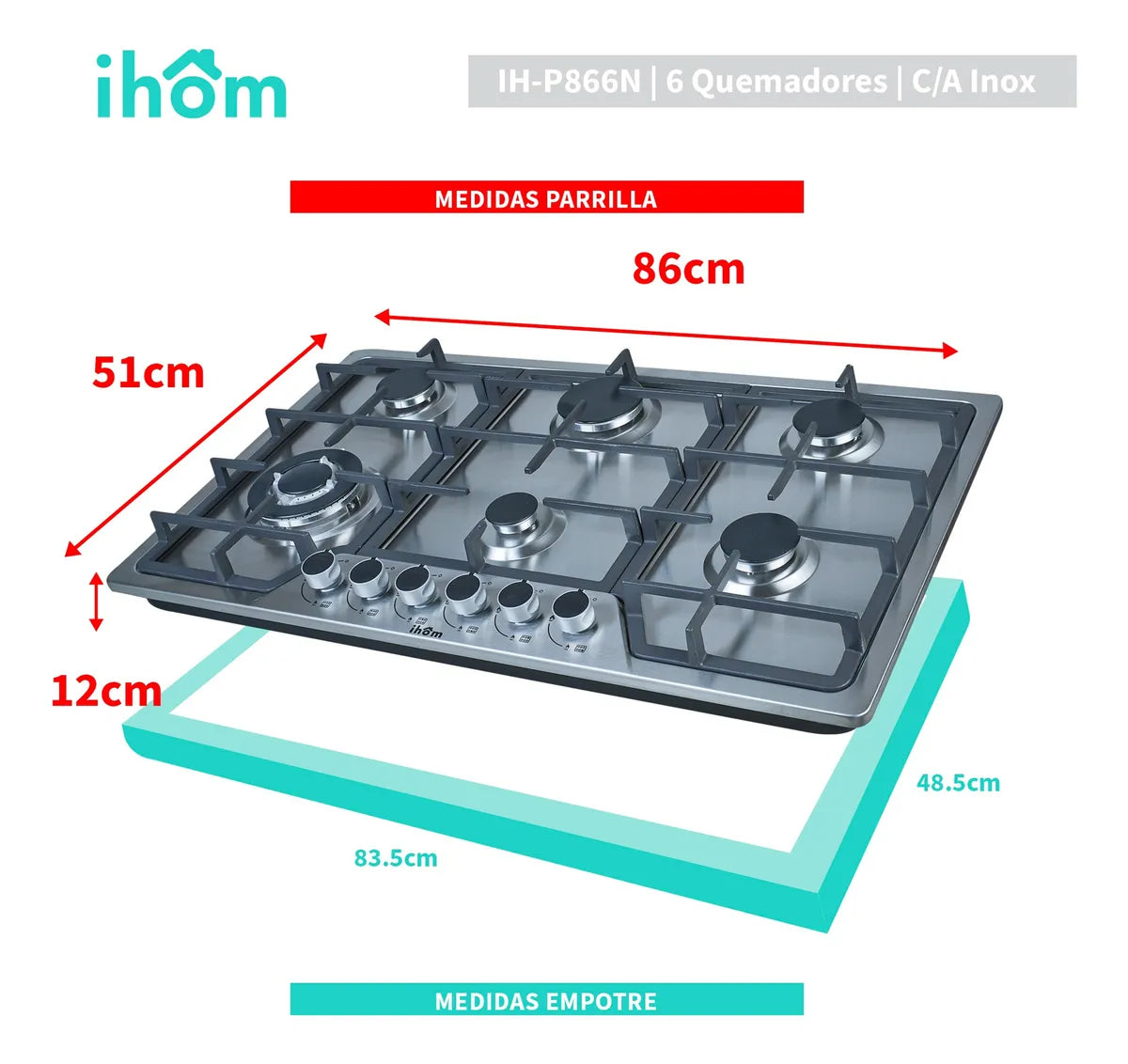 Parrilla A Gas 6 Quemadores Ihom, Acero Inoxidable, Plata Plateado