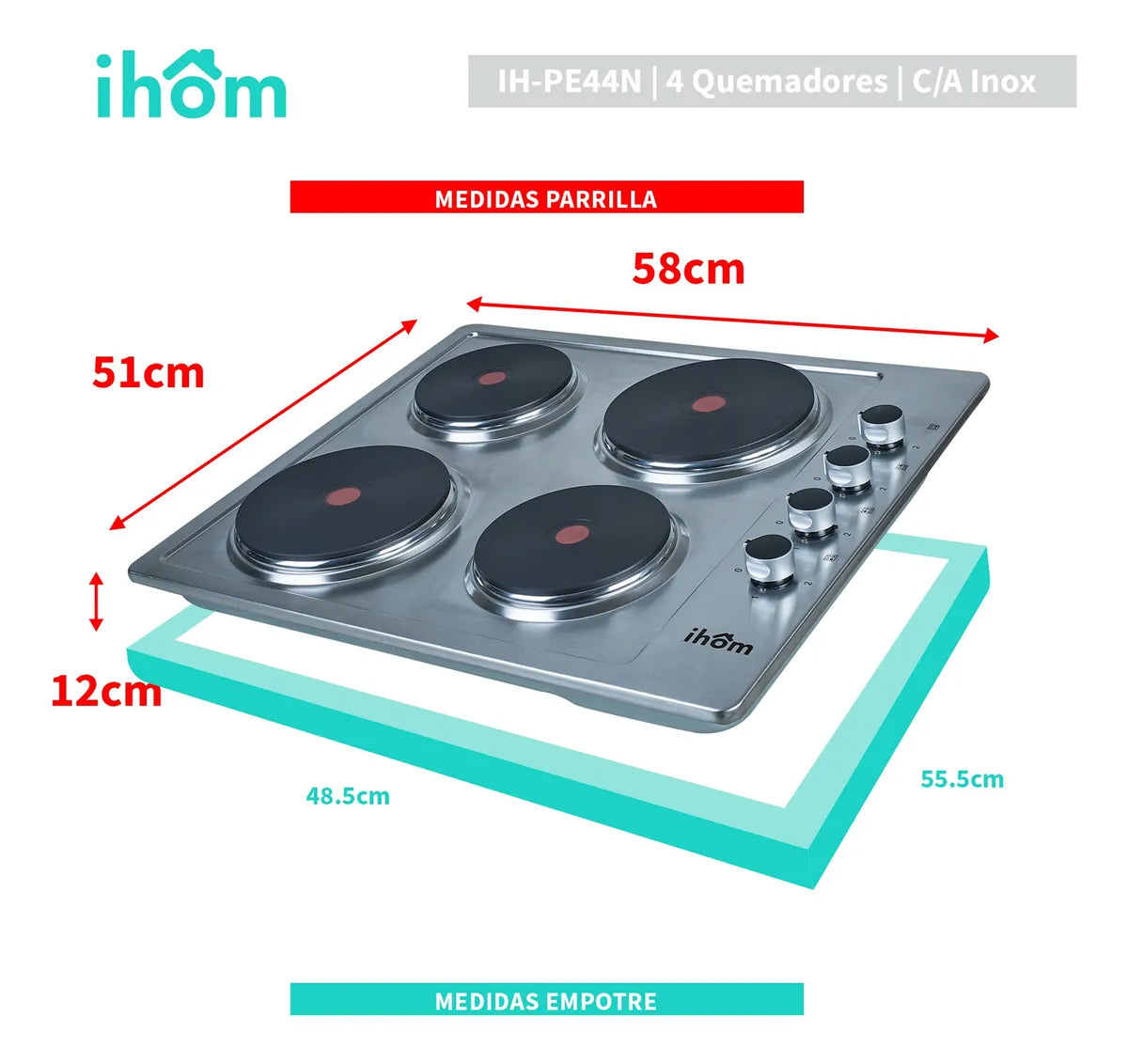 Parrilla Eléctrica 4 Quemadores Ihom, Acero Inoxidable Plata Plata
